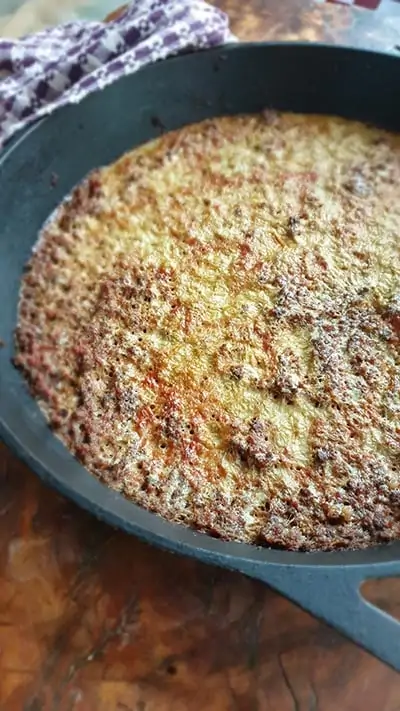 close up of a meat pie in cast iron pan